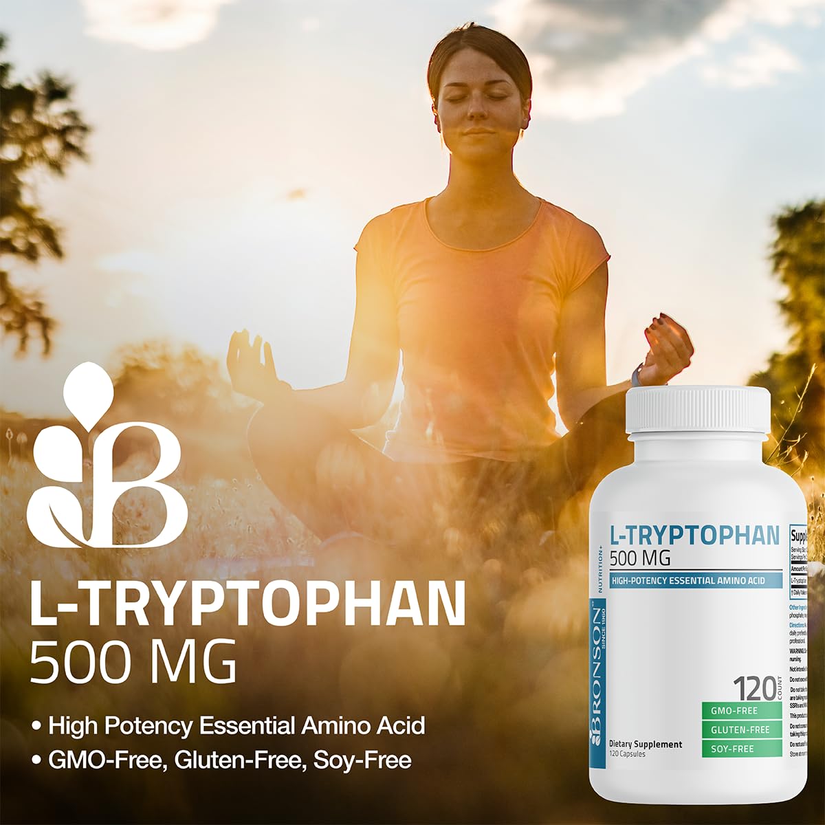 Bronson L-Tryptophan 500 mg High Potency Essential Amino Acid Supports Relaxation & Positive Mood Support Non-GMO, 60 Capsules