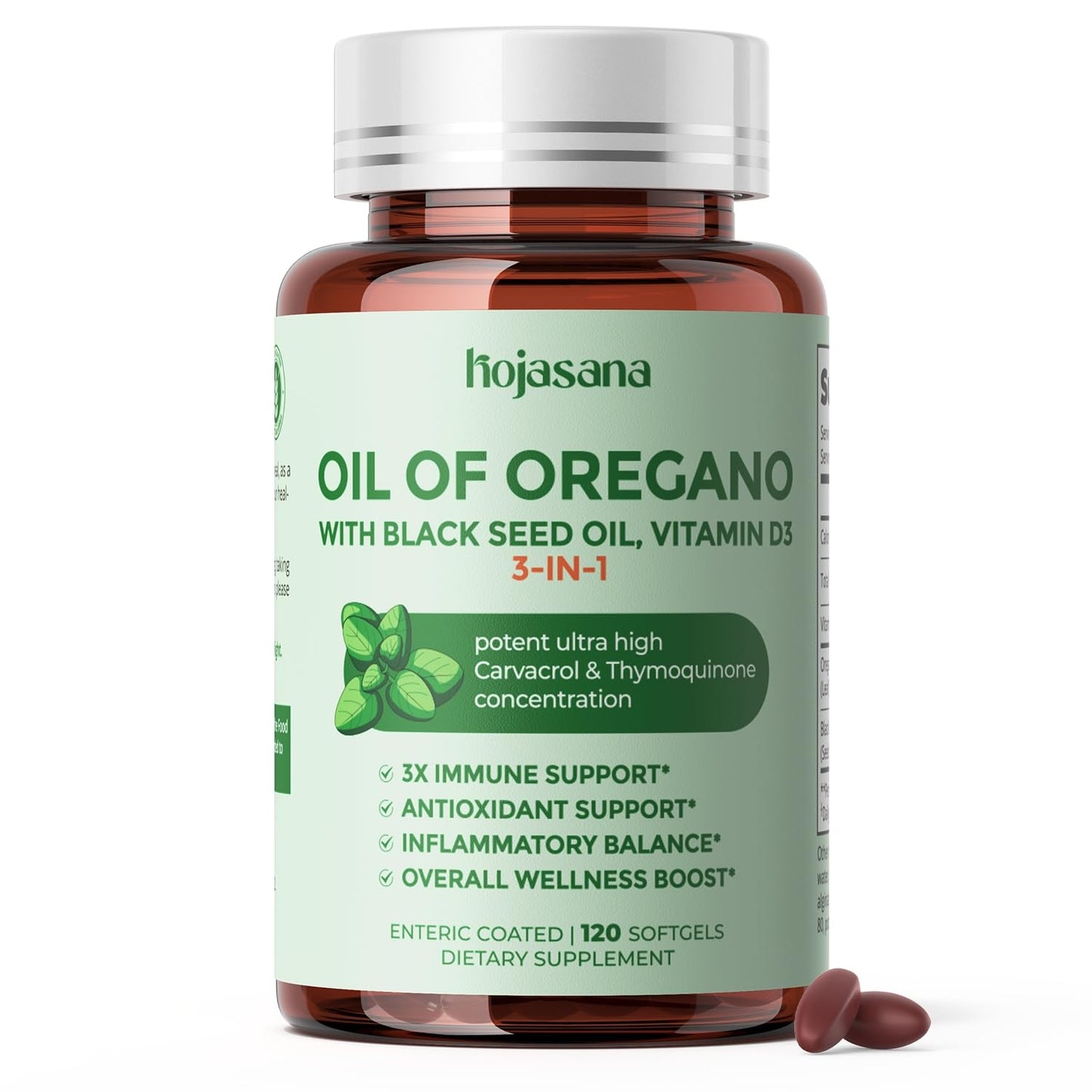 HojaSana Oregano Oil with Black Seed Oil Vitamin D3 3-in-1 Enteric Coated Softgels, 120 Count