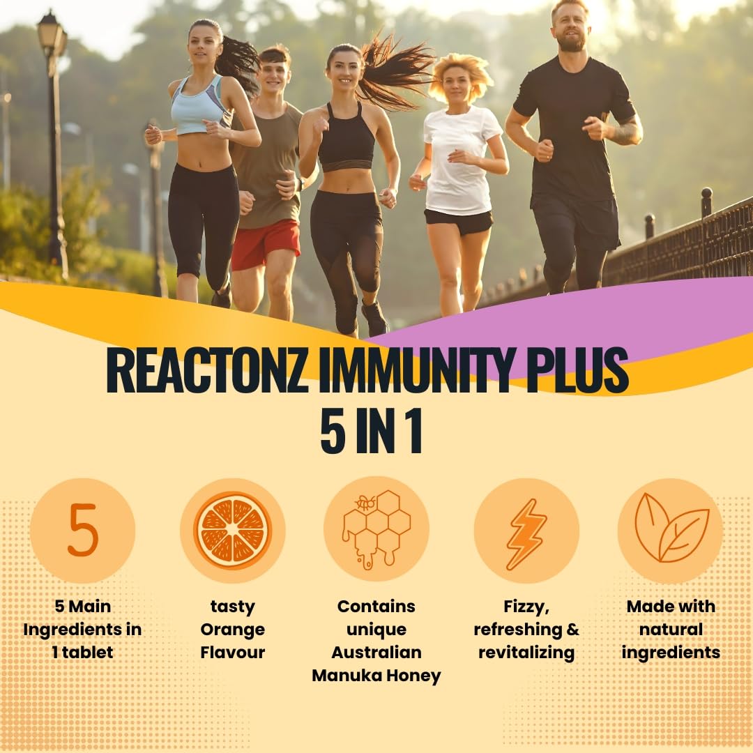 REACTONZ 5 in 1 Immunity Plus – Immune Support & Antioxidant Supplement – Vitamin C, Zinc, Manuka Honey, Rosehip & Propolis – Natural Zesty Orange Flavor – 60 Tablets