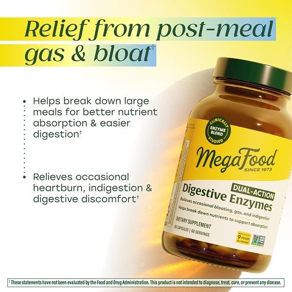 MegaFood Dual-Action Digestive Enzymes for Women & Men - Gas & Bloating Relief for Women & Men - Supports Nutrient Absorption & Digestive Health - Vegan, Gluten Free - 60 Capsules