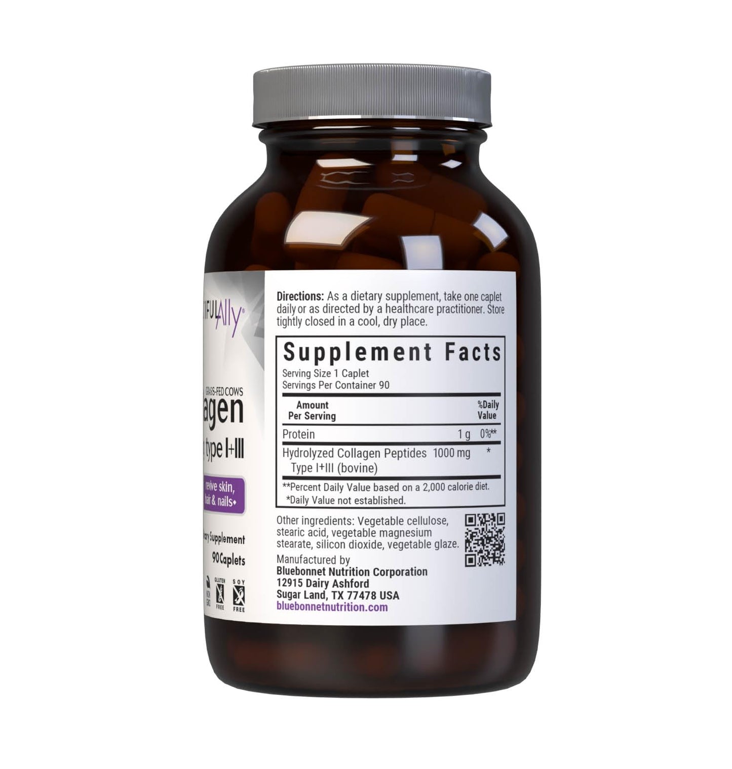 BlueBonnet Beautiful Ally Collagen Caplets, Hydrolyzed Collagen from Grass-Fed Cows, Collagen Peptides Type 1 & 3, Non-GMO, Gluten Free, Soy Free, Milk Free, 90 Caplets