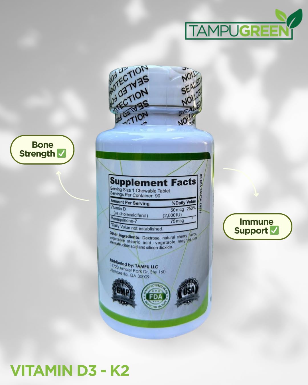 TAMPUGREEN Vitamin D3 + K2 2000 IU D3 + 75 mcg K2, 90 Tablets