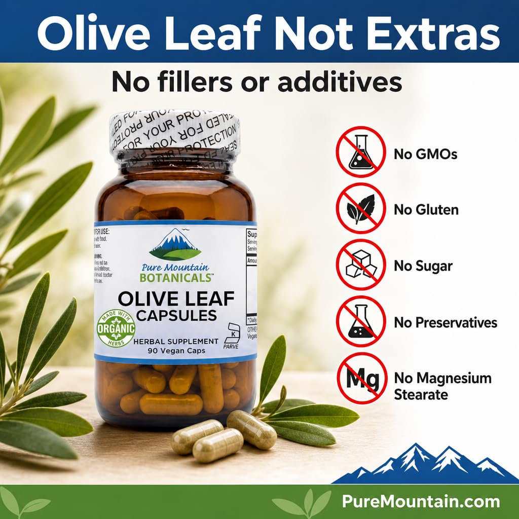 Pure Mountain Botanicals Olive Leaf Extract 400mg Capsules, 90 Count