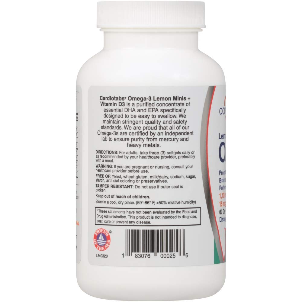 CardioTabs Omega 3 Lemon Minis + Vitamin D3 Capsules, 180 Count