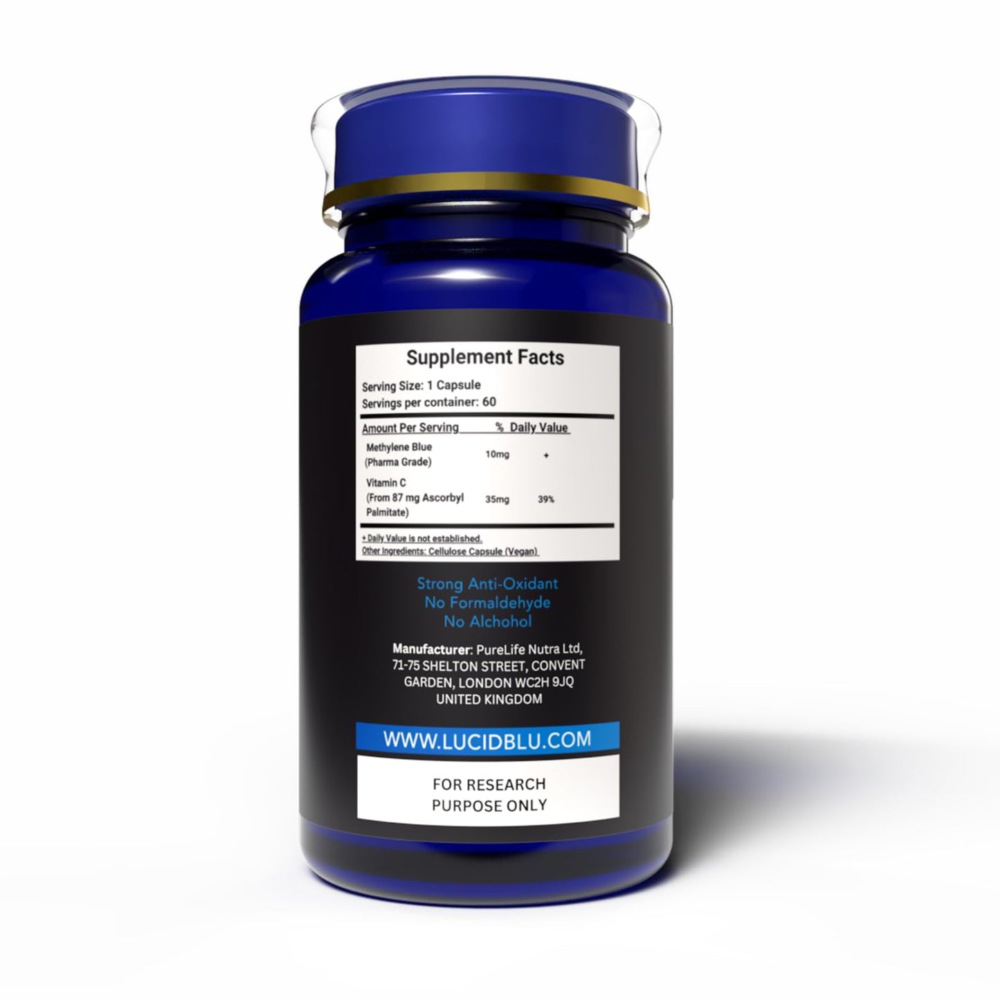 Lucid Blu Methylene Blue Capsules (USP) 10mg with Added Vitamin C, 99.99% Purity, Vegan, Halal, Kosher, 60 Capsules