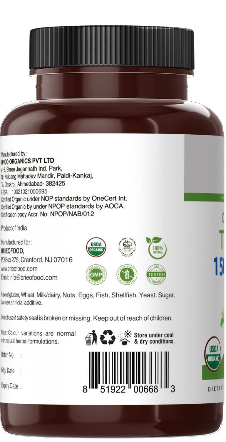 Brieofood Organic Tulsi (Holy Basil) 1500mg Tablets, 90 Count