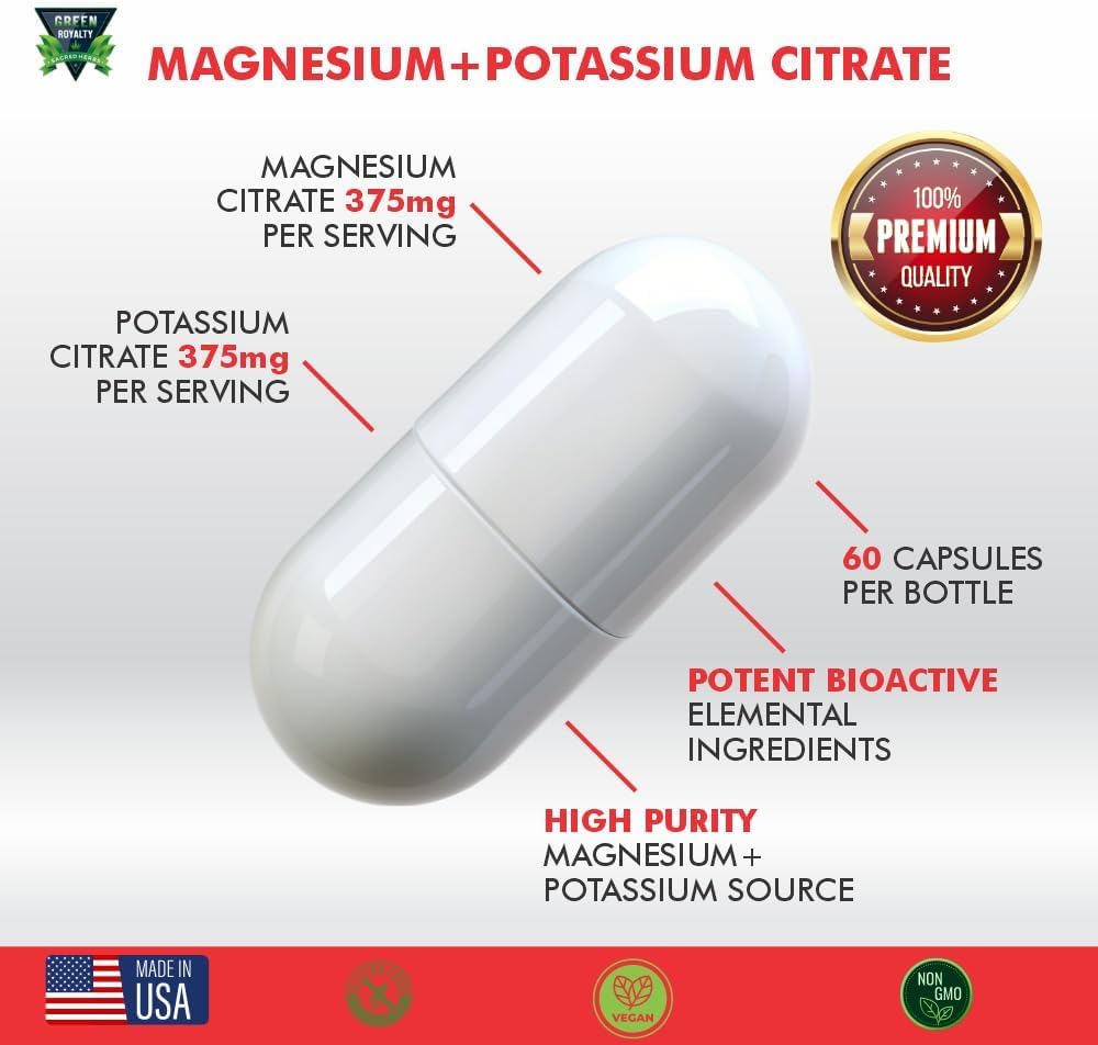GREEN ROYALTY Magnesium Citrate + Potassium Premium Vegan Capsules, 60 Count
