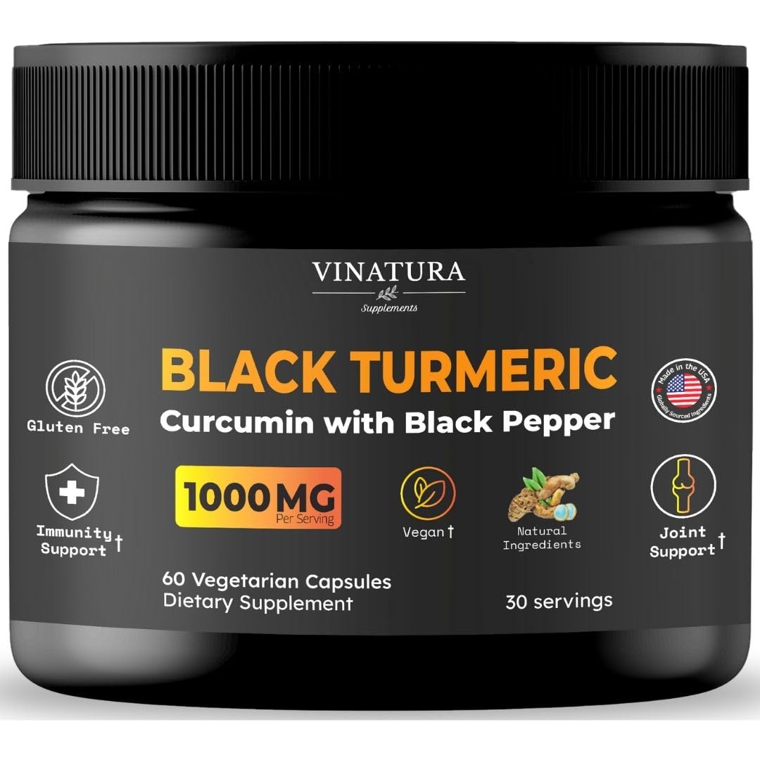 VINATURA Black Turmeric, Curcumin with Black Pepper 1000mg - Turmeric Curcumin with Turmeric Black - Curcuma Caesia, Curcuma Longa, Black Pepper 95% Piperine, 60 Capsules