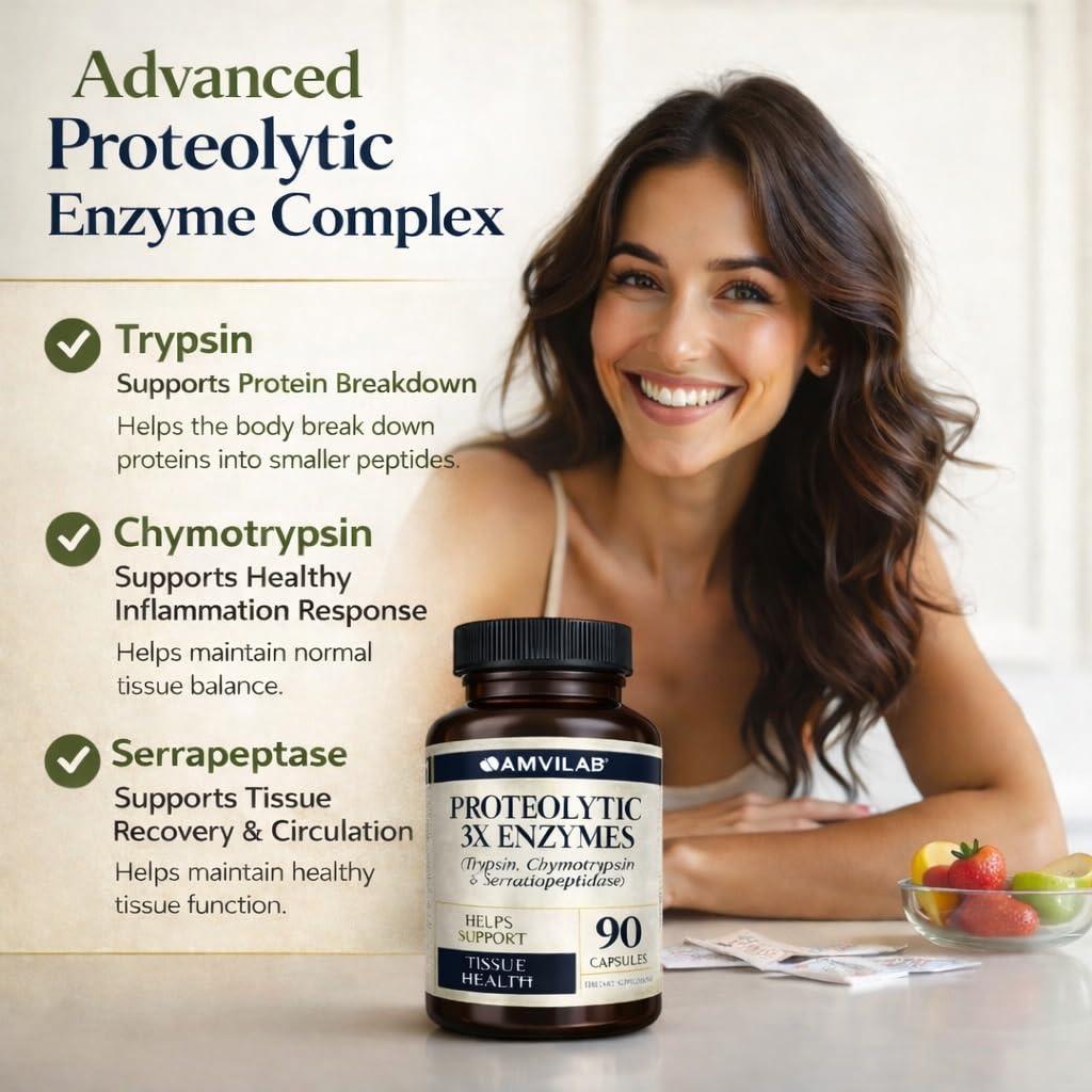 AMVILAB Proteolytic Enzymes 3X with Serrapeptase, Trypsin & Chymotrypsin Capsules, 90 Count