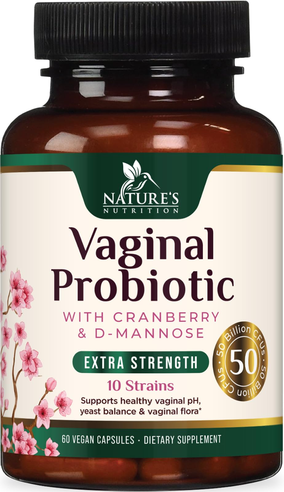 Nature's Nutrition Vaginal Probiotics for Women - 50 Billion CFU per Capsule - Targeted Lactobacillus Blend with Prebiotics, Cranberry, D-Mannose - For pH Balance, Feminine Flora, Odor, & Urinary Support, 60 Capsules