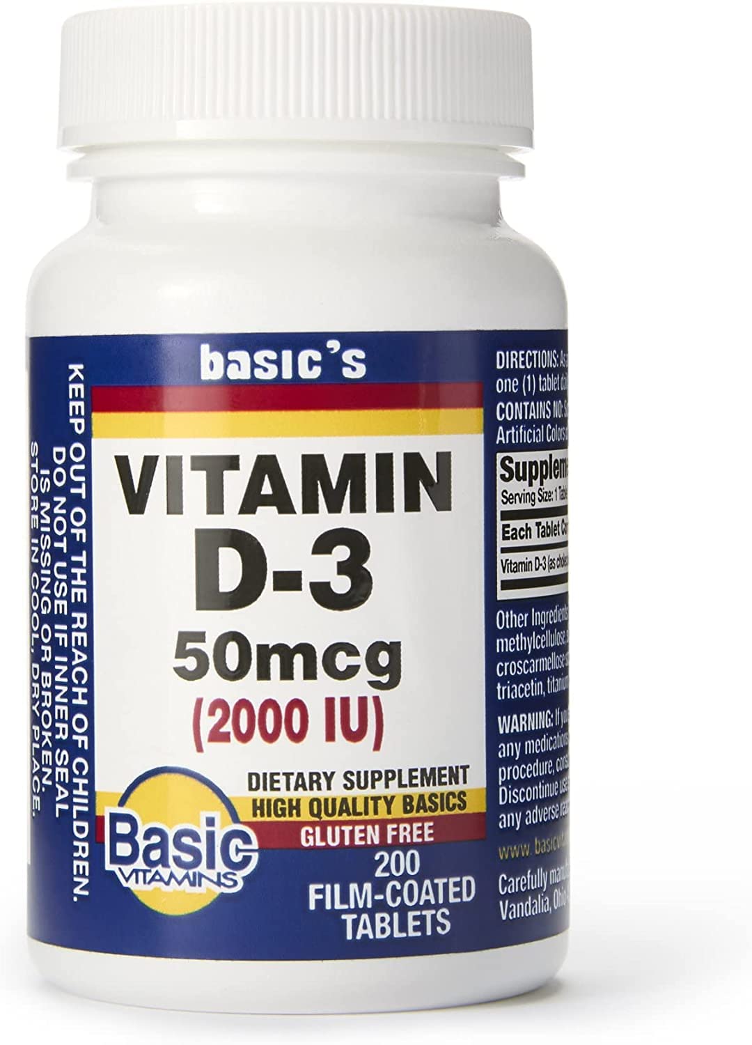 Basic Drugs Natural Vitamin D-3 2000 IU Tablet, 200 Count