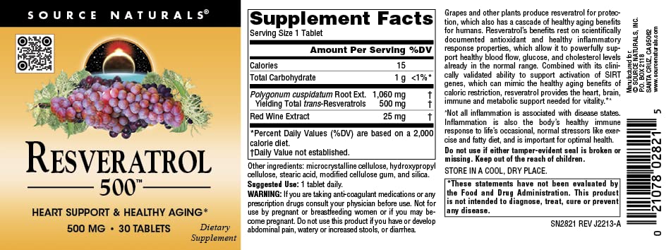 Source Naturals Resveratrol 550, Heart Support & Healthy Aging, 500 mg, 30 Tablets