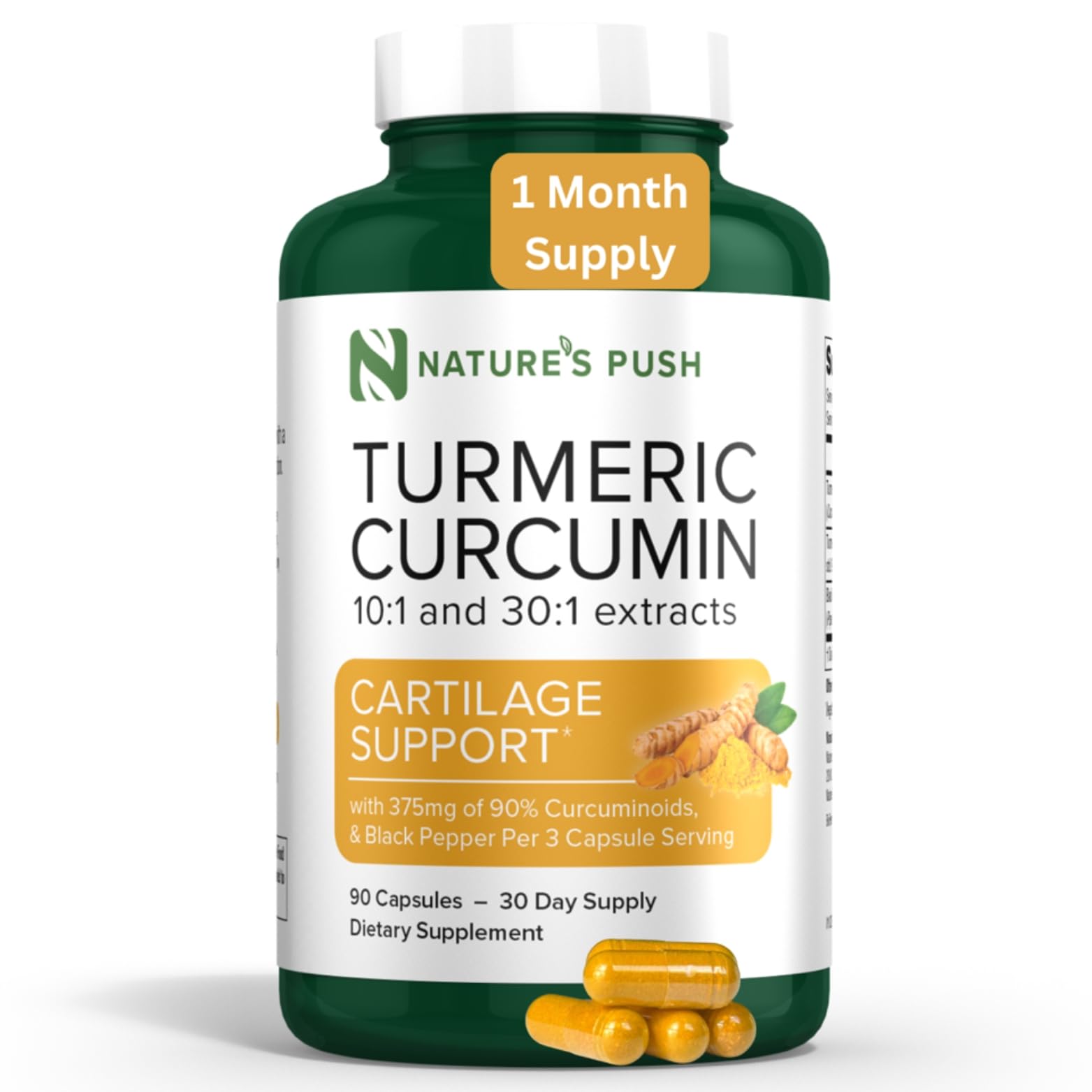 Nature's Push Turmeric Curcumin Super Potent 30:1 Extract 375mg 90% Curcuminoids, 1,350mg Turmeric Root 10:1 Plus Black Pepper Capsules, 90 Count