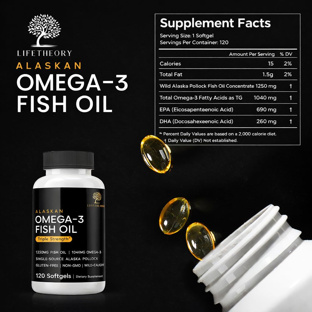 LIFETHEORY Alaskan Omega-3 Fish Oil, Triple Strength, 120 Softgels