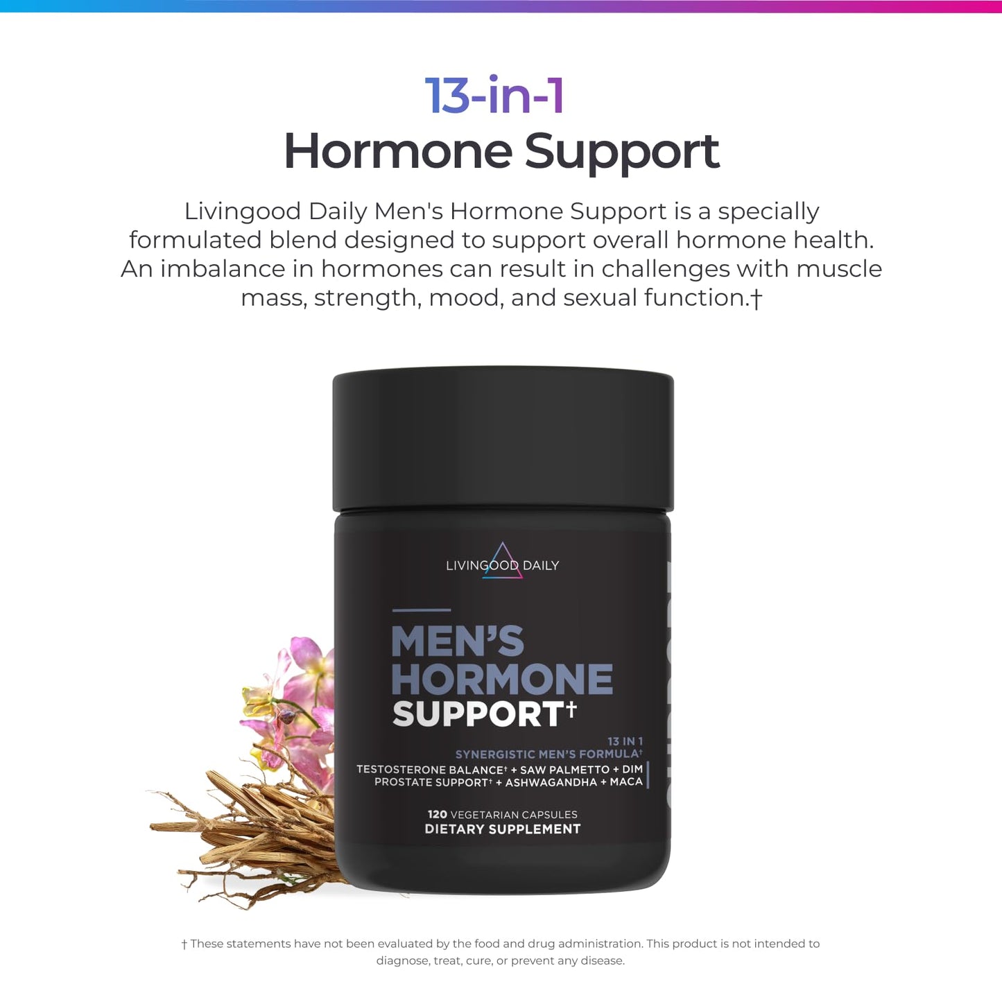 Livingood Daily Men's Hormone Support Supplement for Vitality & Balance, 14-in-1 Testosterone Booster for Men with Ashwagandha, Maca, DIM, Zinc, Saw Palmetto, Vitamin B12 & More, Vegan, 120 Capsules