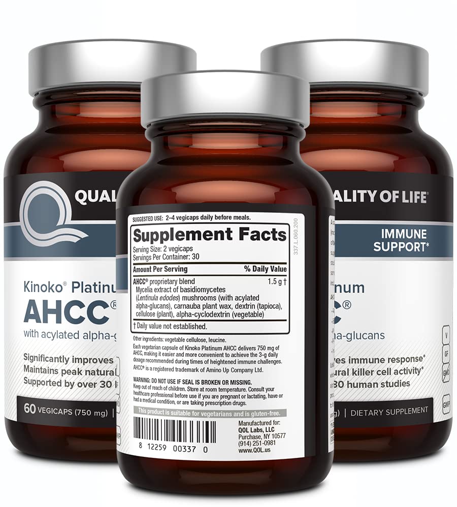 Quality of Life AHCC Kinoko Platinum 750 mg – Premium Immune Support Supplement Capsules 180
