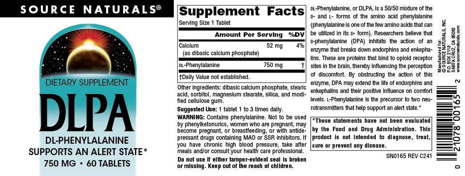 Source Naturals DLPA DL-Phenylalanine 750 mg Tablet, 60 Tablets