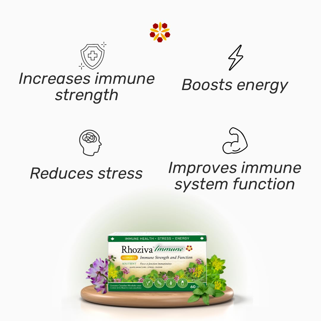 Rhoziva Immune Support, Energy Booster with Vitamin C, D3 and Zinc Supplement, Rhodiola Rosea, Reishi Mushroom Extract, Astragalus, Overall Wellness and Daily Habit 60 Capsules