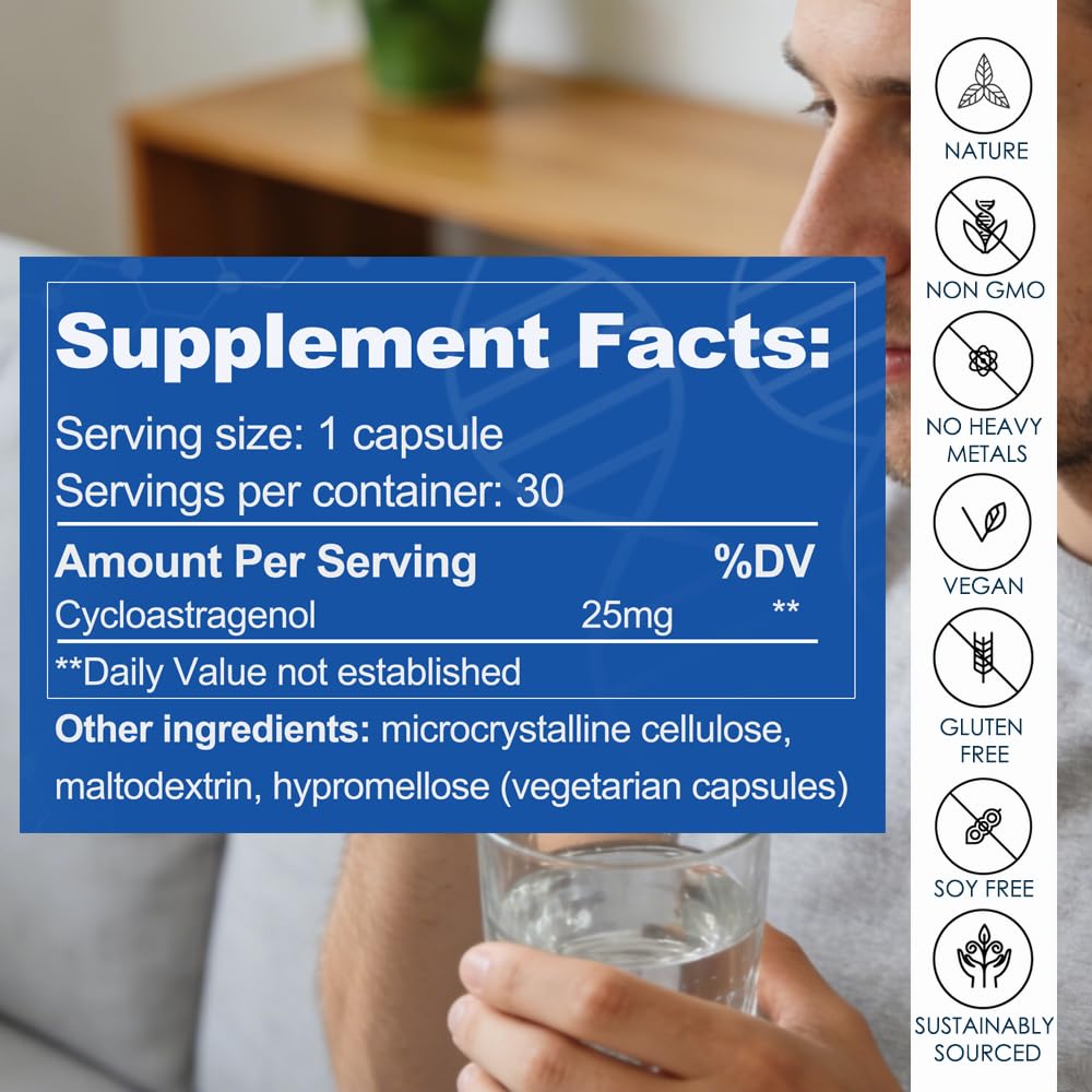 CAW Hypersorption Cycloastragenol Telomere Support Anti-Aging Cell Health Immune Booster, 25 mg Enteric-Coated Capsules, 30 Capsules per Bottle, 3 Bottles