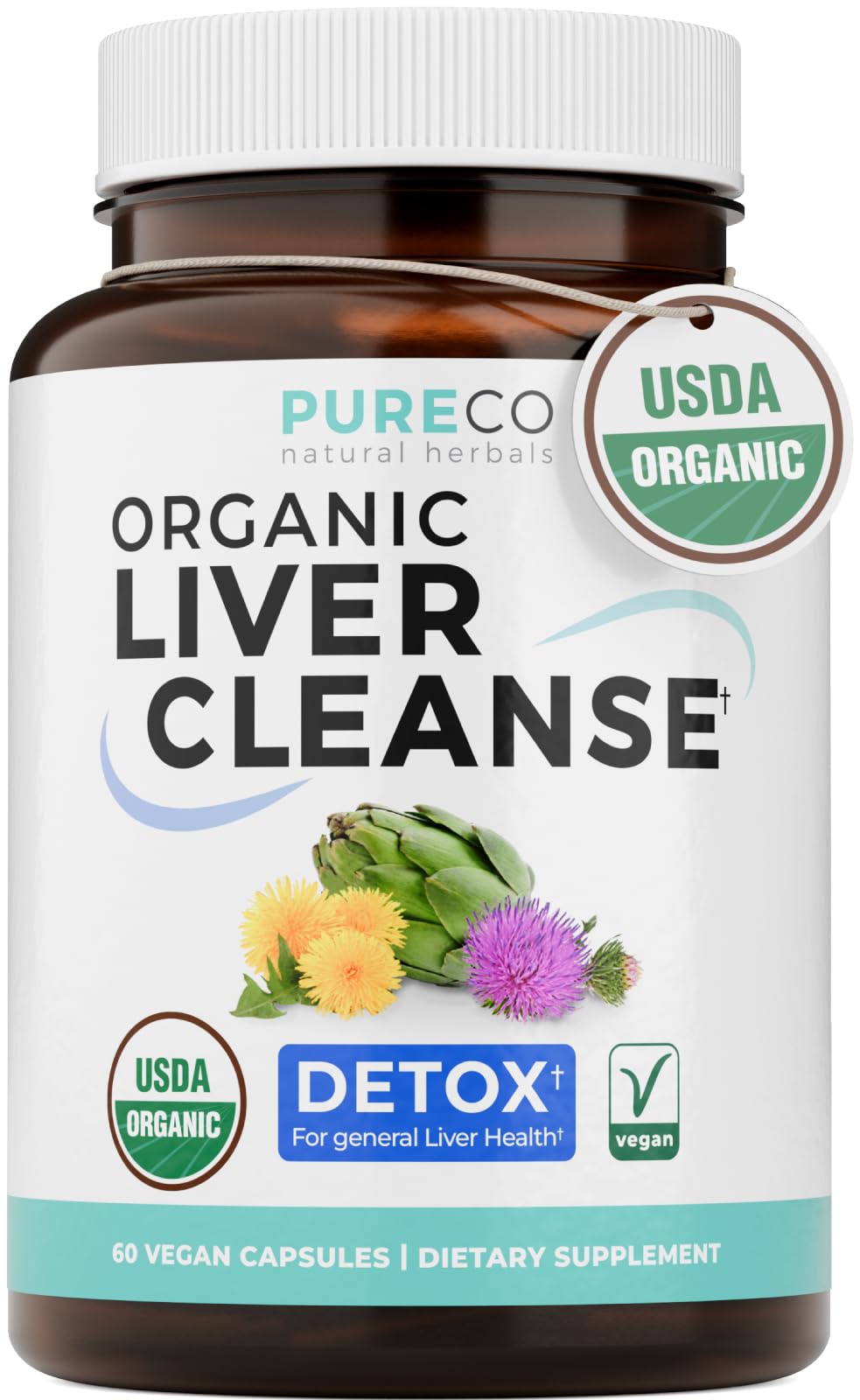 PURE CO Milk Thistle and Dandelion Root Silymarin Liver Detox Formula with Artichoke Extract Capsules, 60 Count