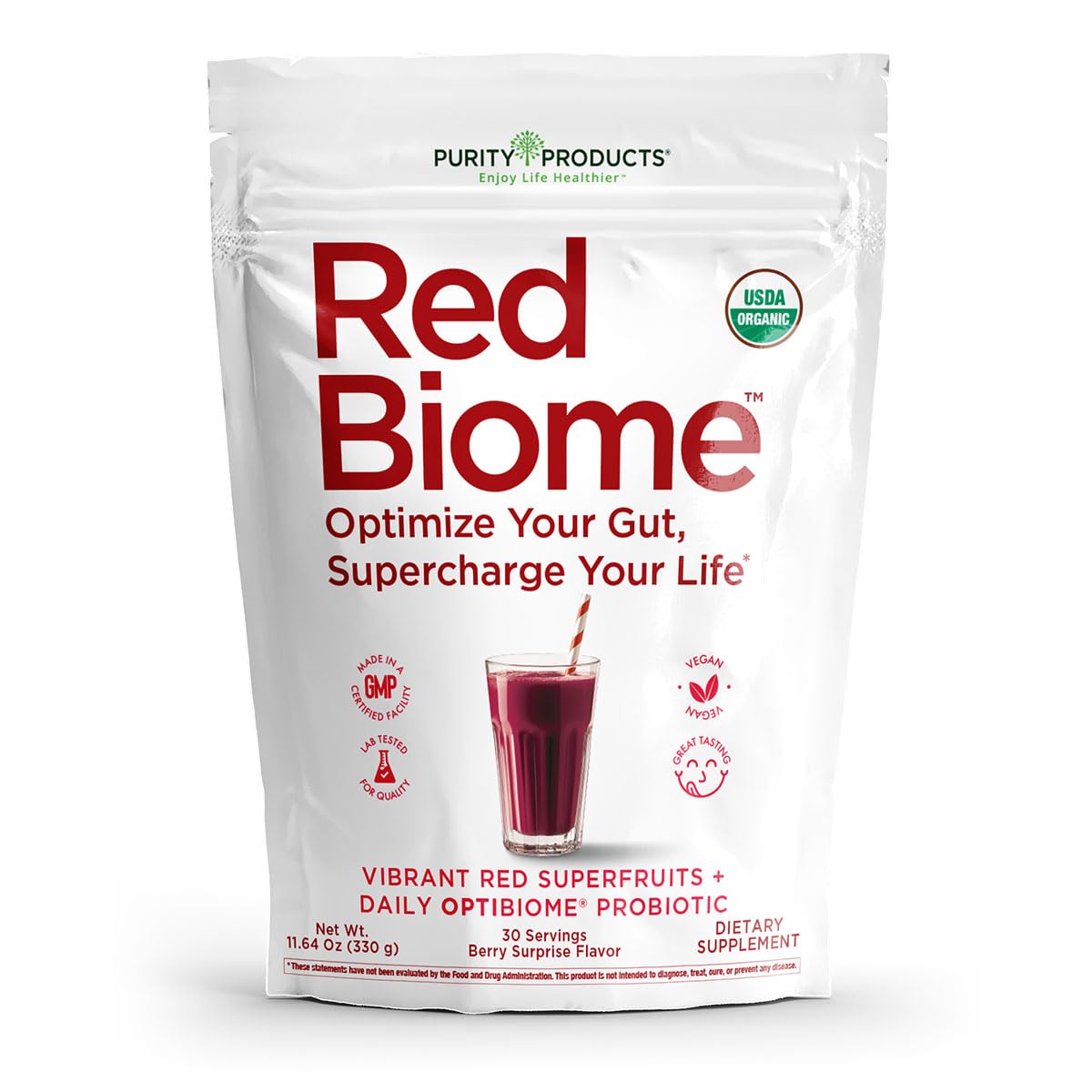 Purity Products Red Biome – Gut Biome & Digestive Health Support with OPTIBIOME Probiotic 11.64 Ounce Powder