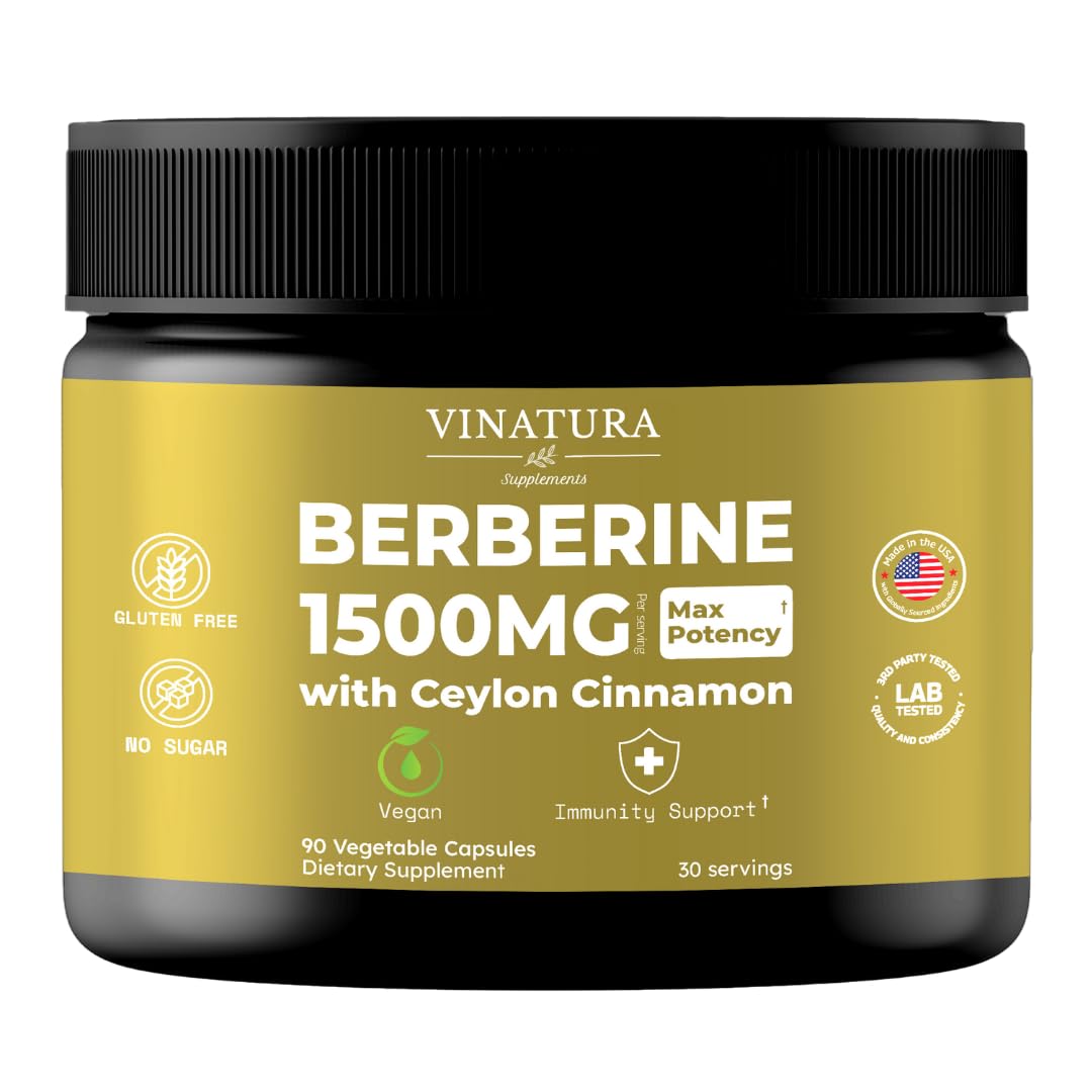 VINATURA Berberine 1500mg - Berberine HCL with Ceylon Cinnamon, Max Potency, 90 Capsules