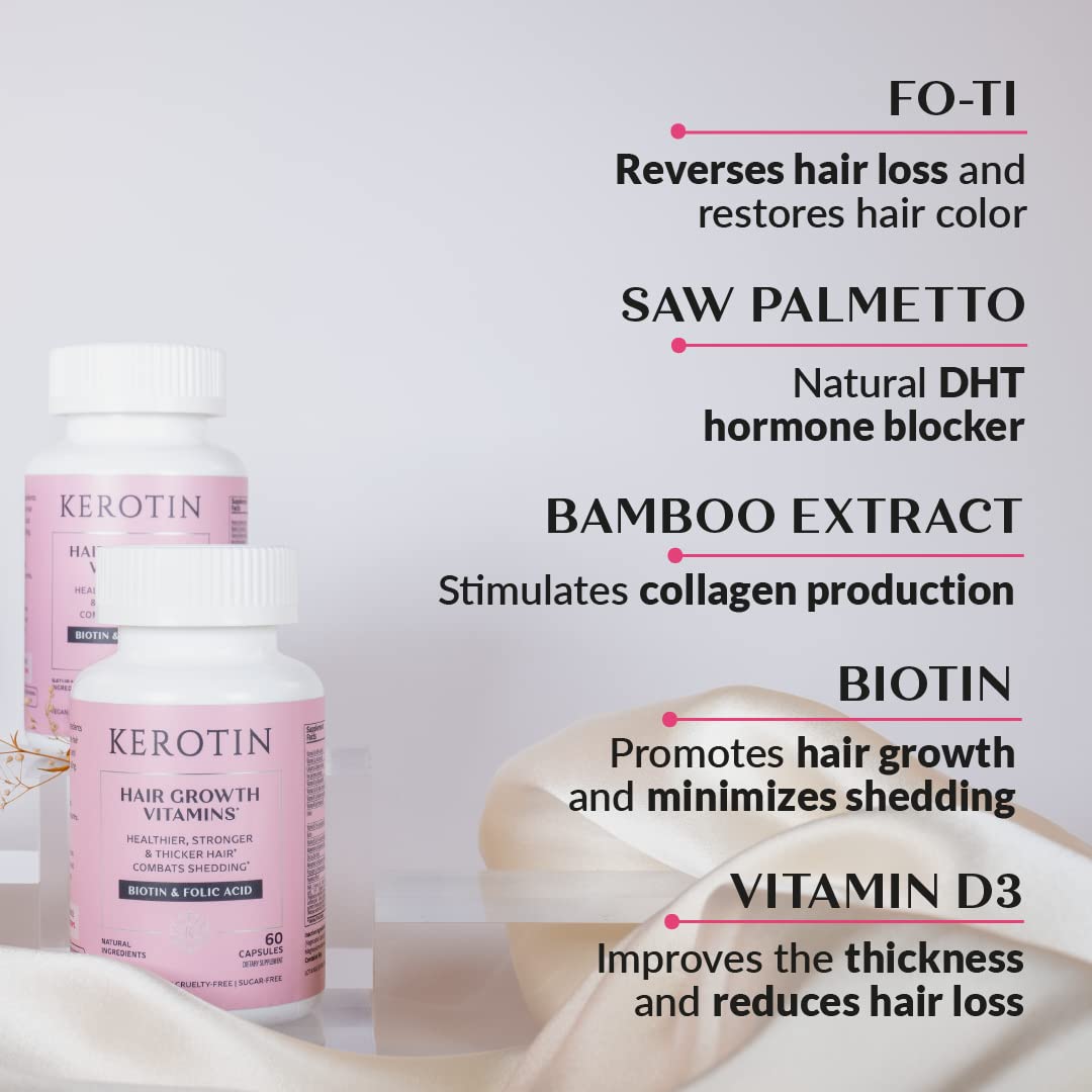 K Kerotin Hair Growth Vitamins, Biotin Supplement, DHT Blocker, Collagen Stimulator, for Hair Loss Support, Nail & Skin Care, Includes Saw Palmetto, Vitamin D3 & More Capsules, 60 Count