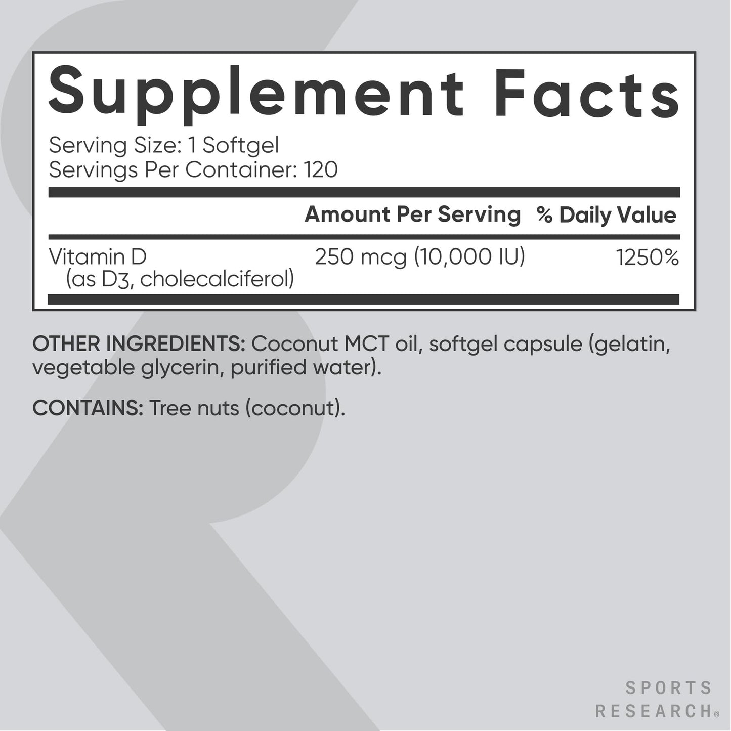 Sports Research Vitamin D3 10,000iu/250mcg with Coconut Oil Softgels 120 Count
