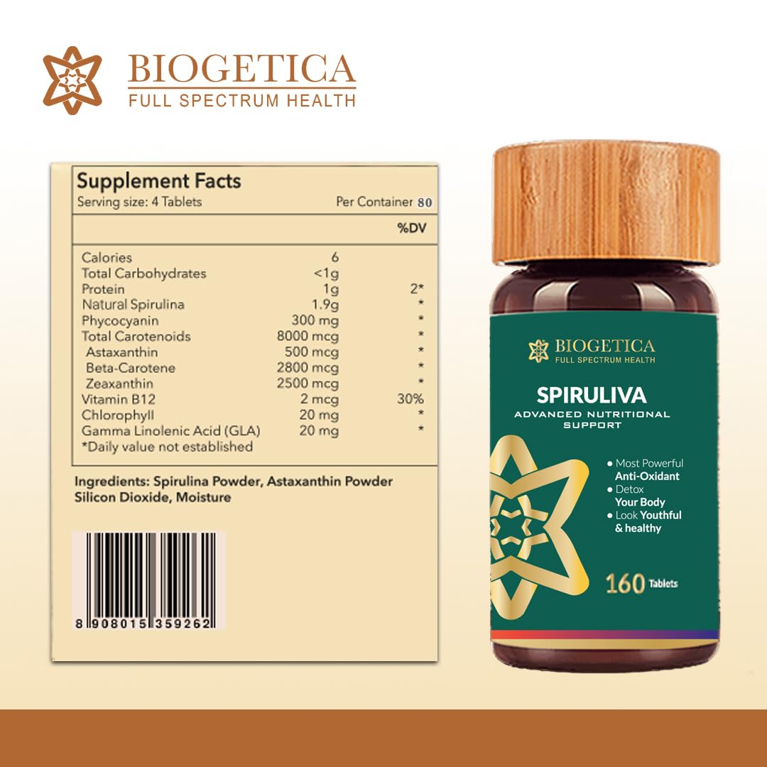 Biogetica Spiruliva Organic Spirulina with Astaxanthin Tablets, 160 Count
