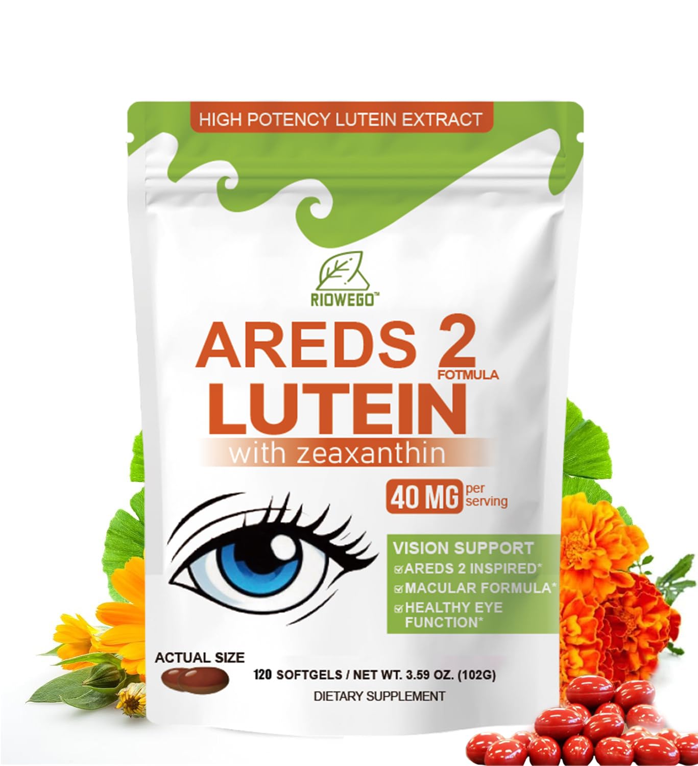 RIOWEGO AREDS 2 + Advanced Lutein & Zeaxanthin Supplement - 40 mg Lutein & Zeaxanthin with Astaxanthin, Omega-3, EPA, DHA Softgels, 120 Count