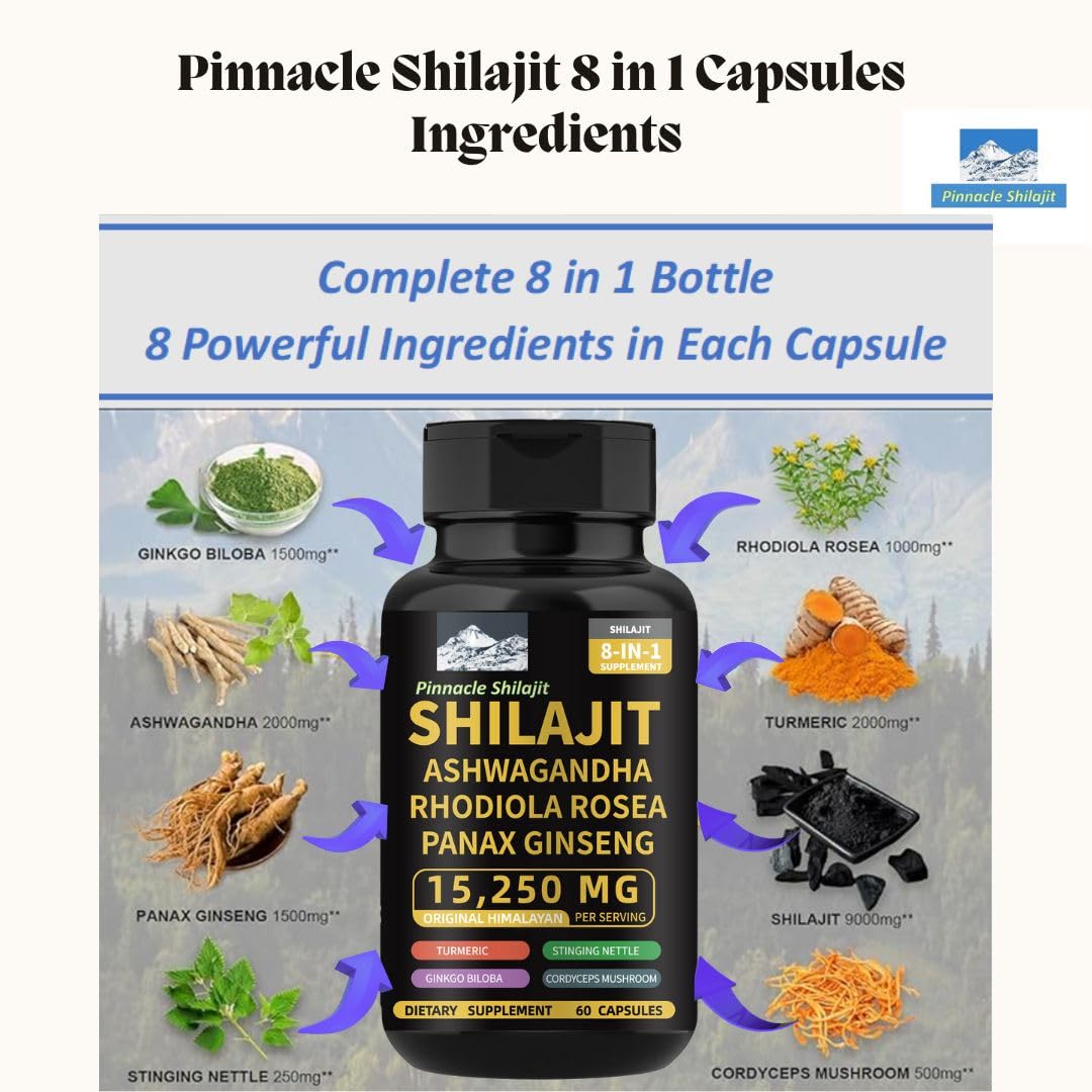 PINNACLE SHILAJIT 8-in-1 Capsules with Shilajit, Rhodiola Rosea, Ashwagandha, Ginseng, Ginkgo Biloba, Turmeric, Cordyceps Mushroom & Stinging Nettle Supports Energy, Mental Clarity & Immunity, 60 Capsules