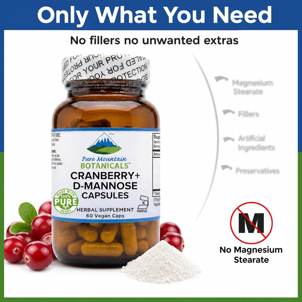Pure Mountain Botanicals D-Mannose with Cranberry Capsules, 60 Count