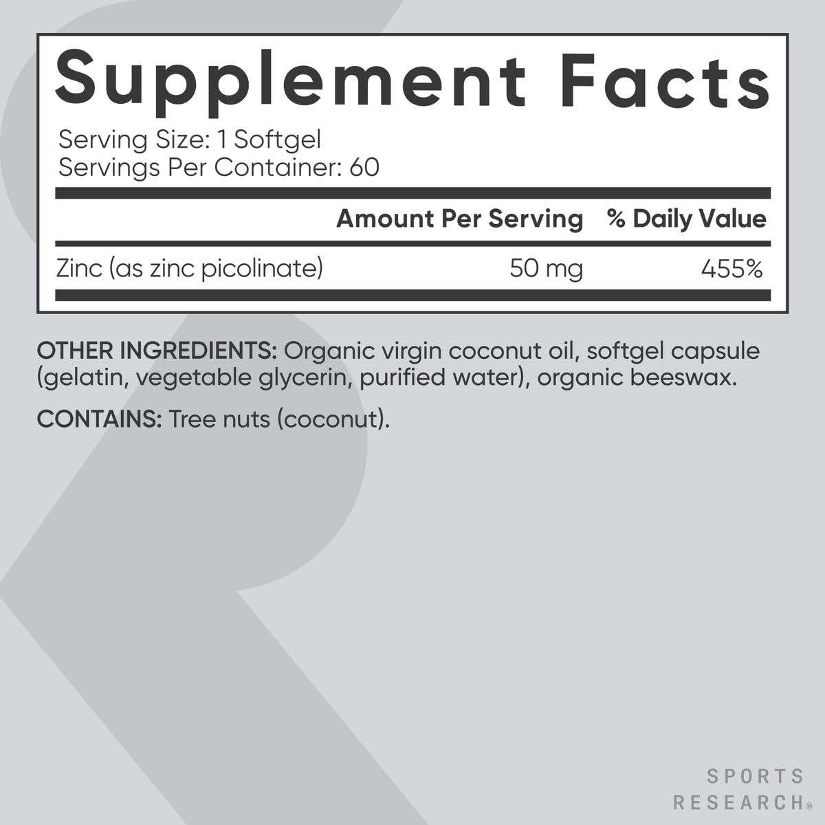 Sports Research High Potency Zinc Picolinate 50mg with Organic Coconut Oil Softgels, 60 Count