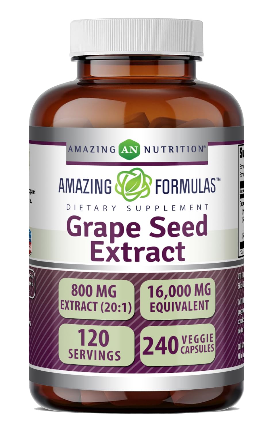 Amazing Nutrition Grape Seed 800 Mg Standardized 20:1 Extract Capsules 240 Count