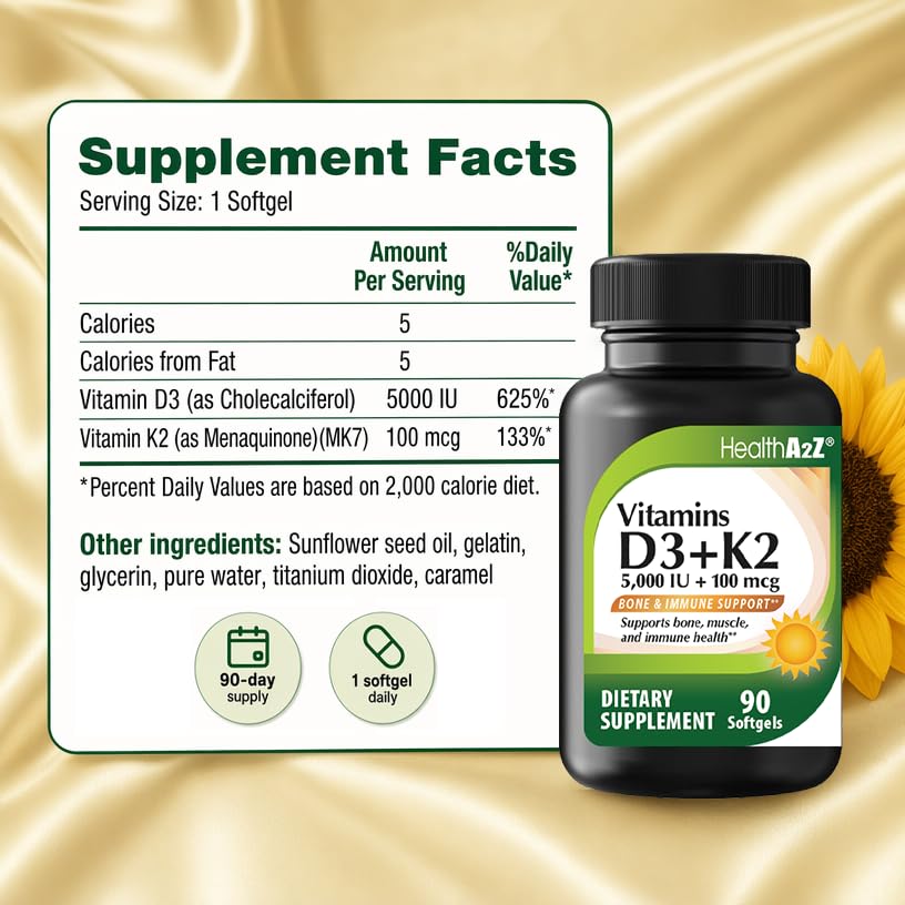 HealthA2Z Vitamin D3 (5,000 IU) + K2 (100 mcg) Softgels, 90 Count