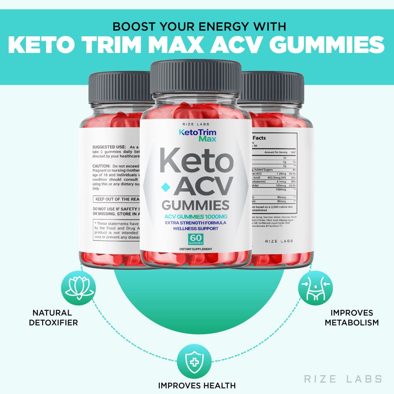 rize labs Keto Trim Max ACV Gummies for Advanced Weight Loss with Apple Cider Vinegar Supplement, 60 Count
