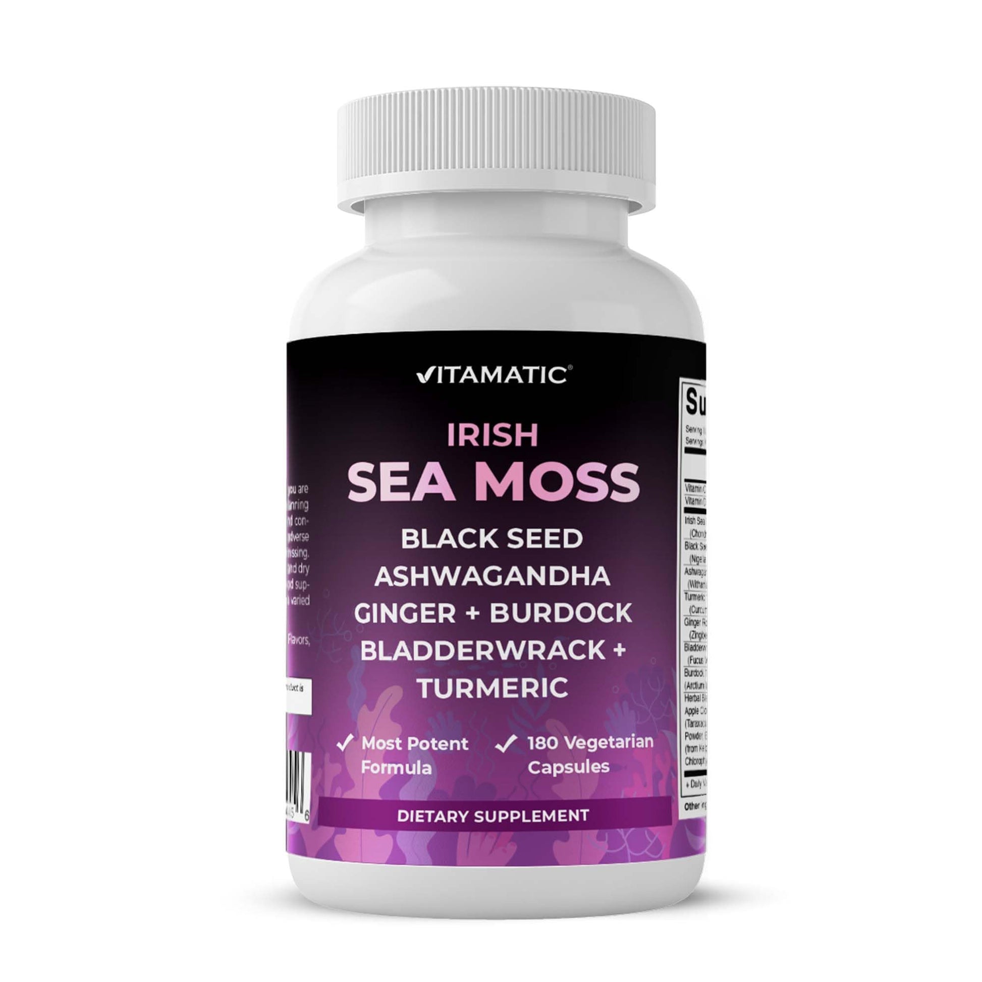 Vitamatic Sea Moss with Black Seed Oil, Ashwagandha, Turmeric, Bladderwrack & Burdock Concentrated Botanical Extract Plant-Based Capsules, 180 Count