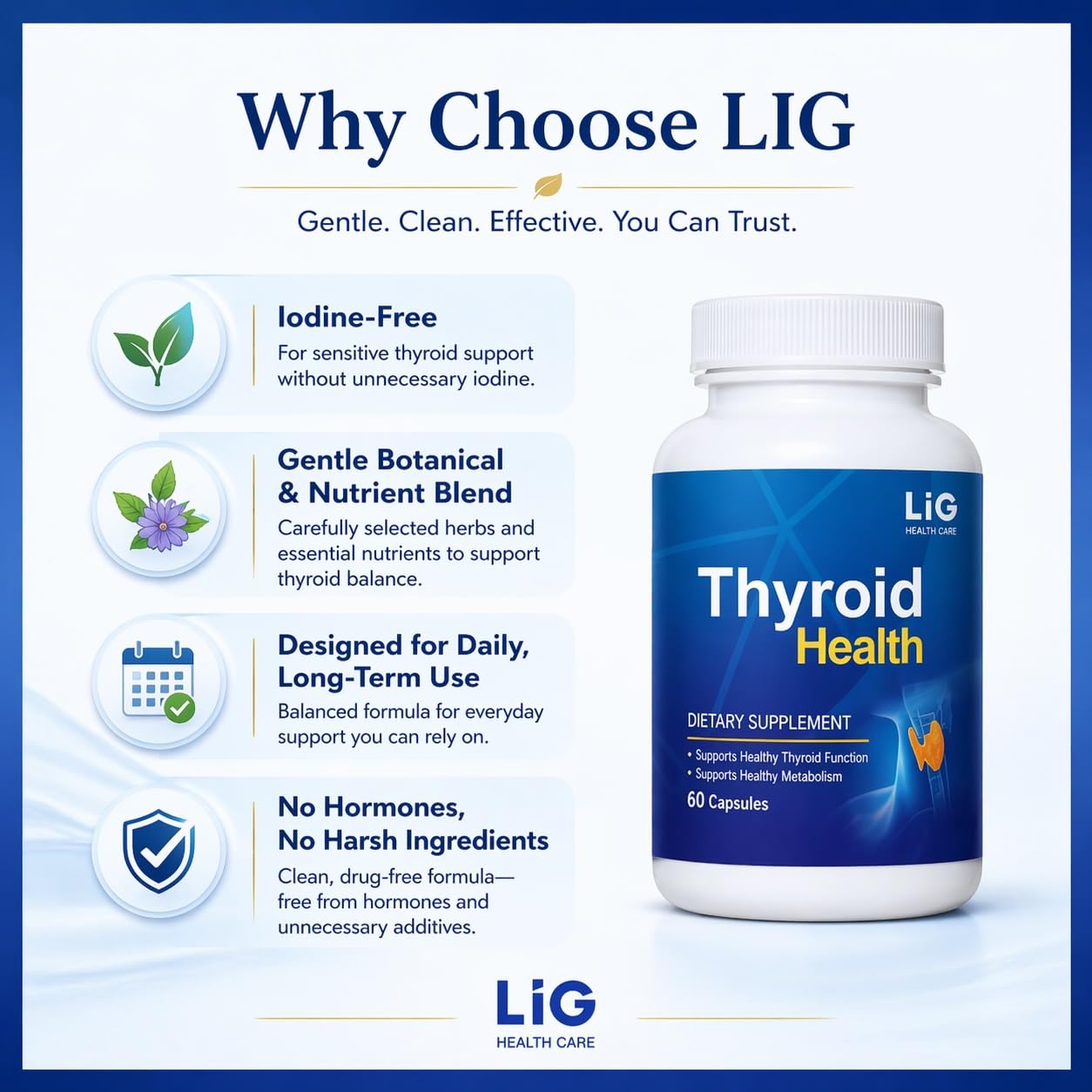 LIG Health Care Thyroid Health - Natural Herbal Supplement for Thyroid Nodules & Hormone Balance - Supports Metabolism & Immune Health with Honeysuckle & Selenium, 60 Capsules