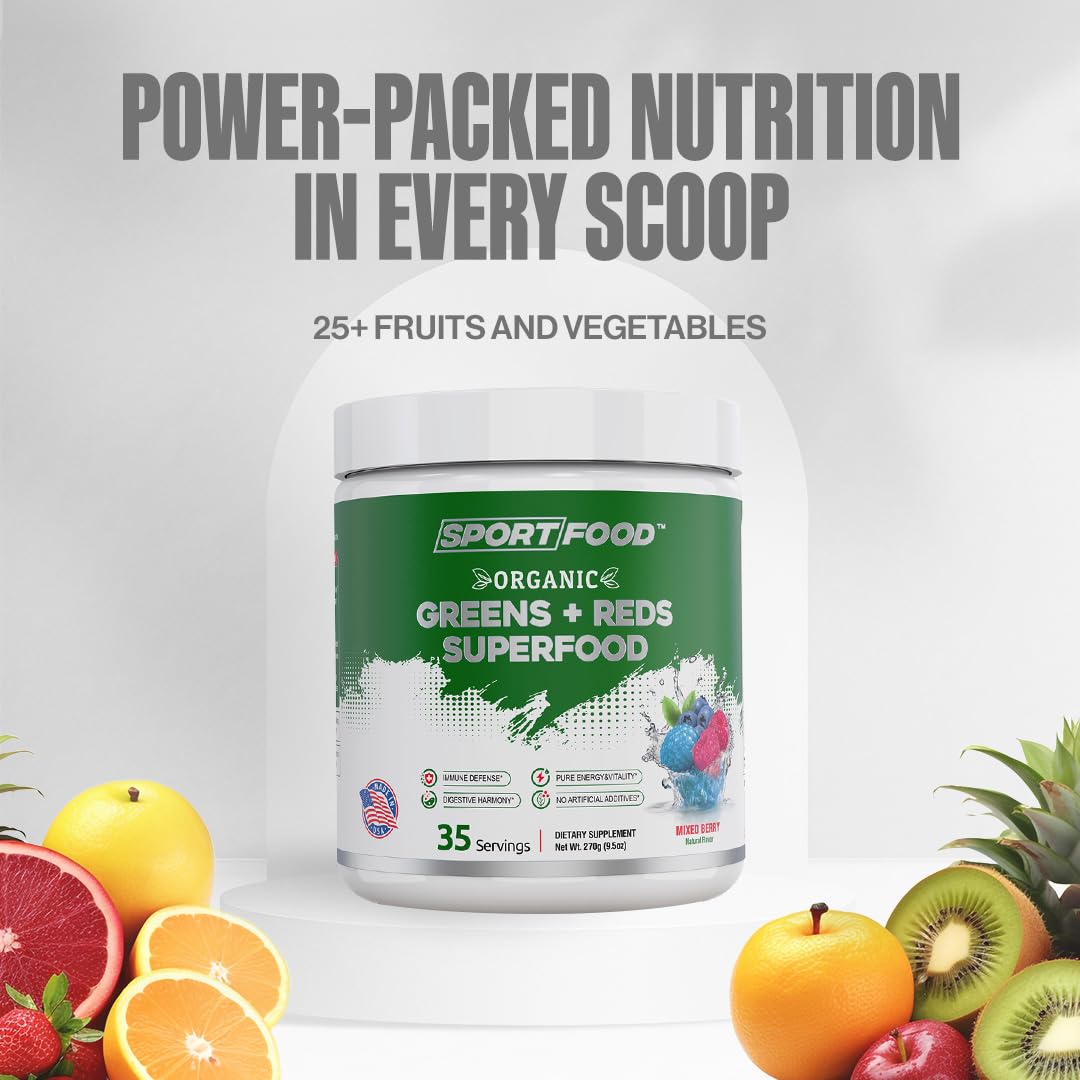 Sport Food Organic Greens & Reds Superfood Powder Mixed Berry Flavor, 8 oz