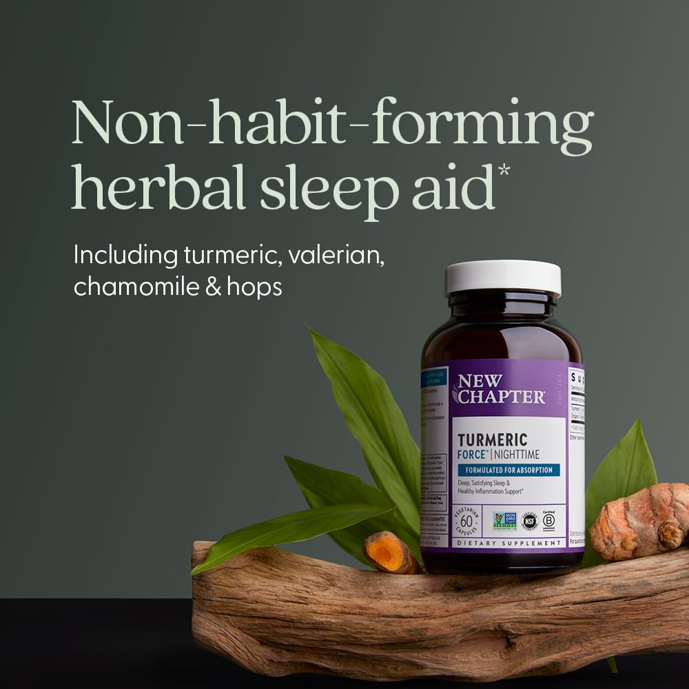 New Chapter Turmeric Supplement + Sleep Aid - Turmeric Force Nighttime for Sleep Support with Valerian Root + Ginger, Non-GMO Ingredients, 60 Vegetarian Capsules