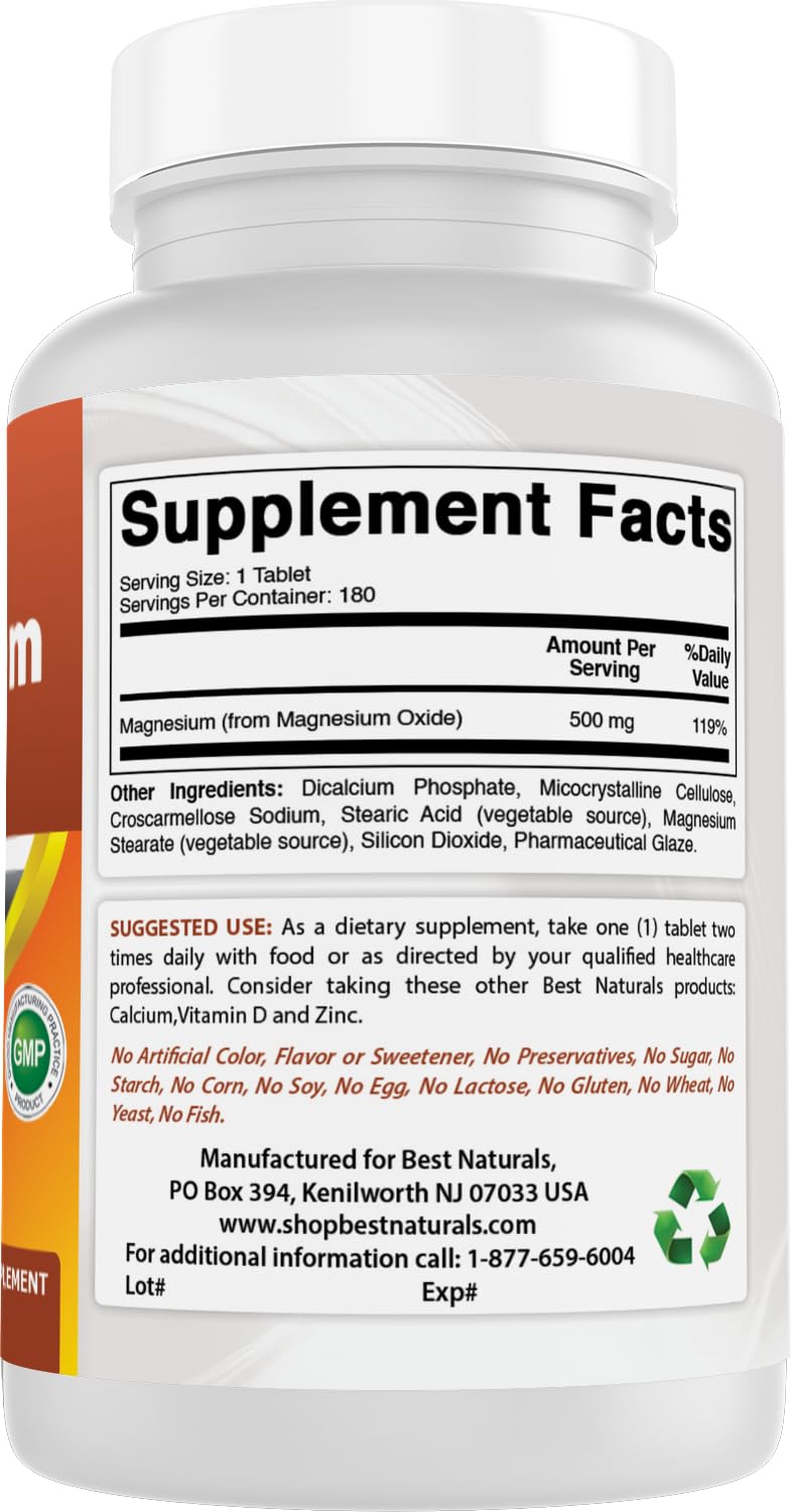 Best Naturals Magnesium Oxide 500 mg Tablet, 180 Tablets