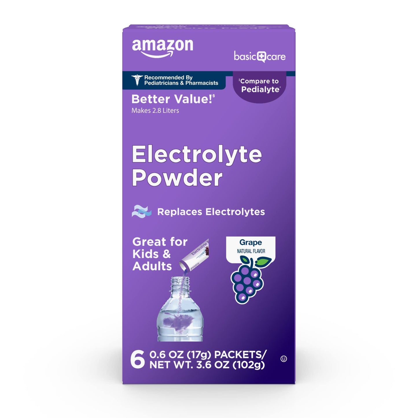 Amazon Basic Care Electrolyte Powder Packets for Rehydration, Grape Flavor, 6 Packets