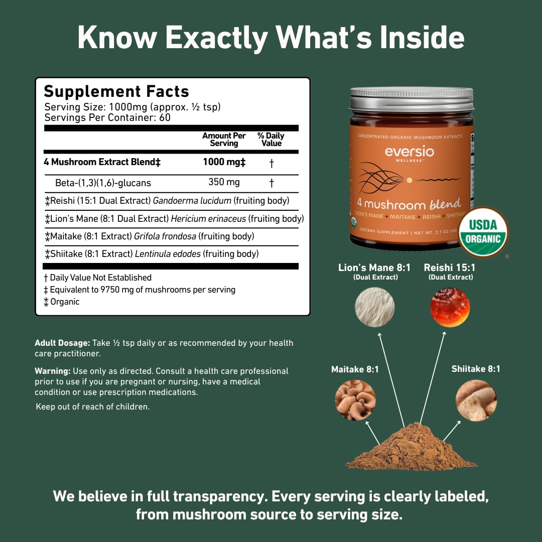 Eversio Wellness Organic 4 Mushroom Blend Complex Powder – Reishi, Lion’s Mane, Maitake & Shiitake Fruiting Body Extract Blend – Daily Immune & Stress Support, 2.12 oz