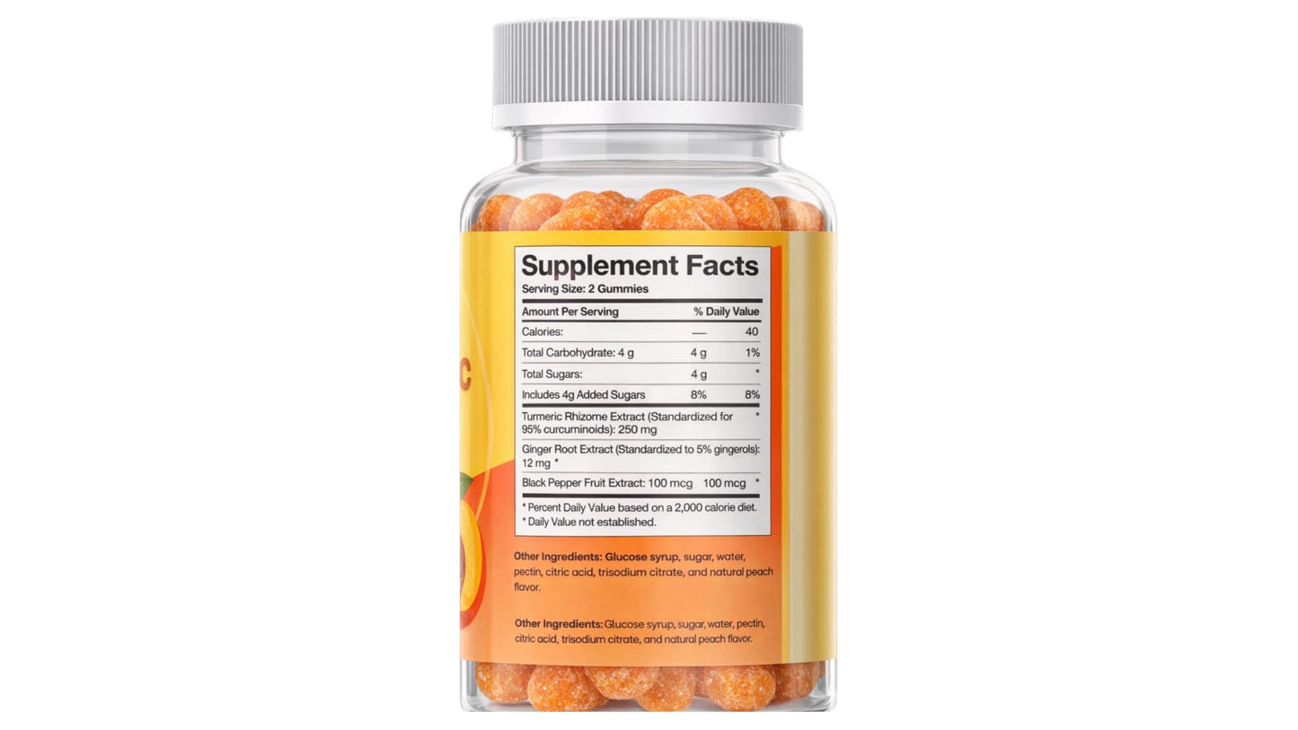 OMIV8 Turmeric Gummies with Ginger & Black Pepper – 250 mg Curcumin Extract for Joint Support & Digestion – Peach Flavor, 60 Gummies