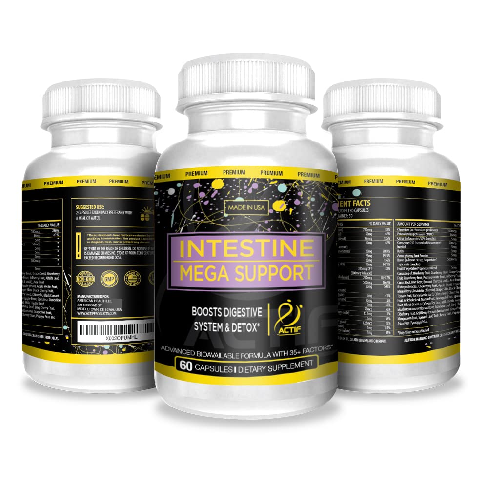 ACTIF Intestine Mega Support - Maximum Strength Energy Boost & Gut Health - Supports Digestion, Detox & Cleansing Capsules, 60 Count