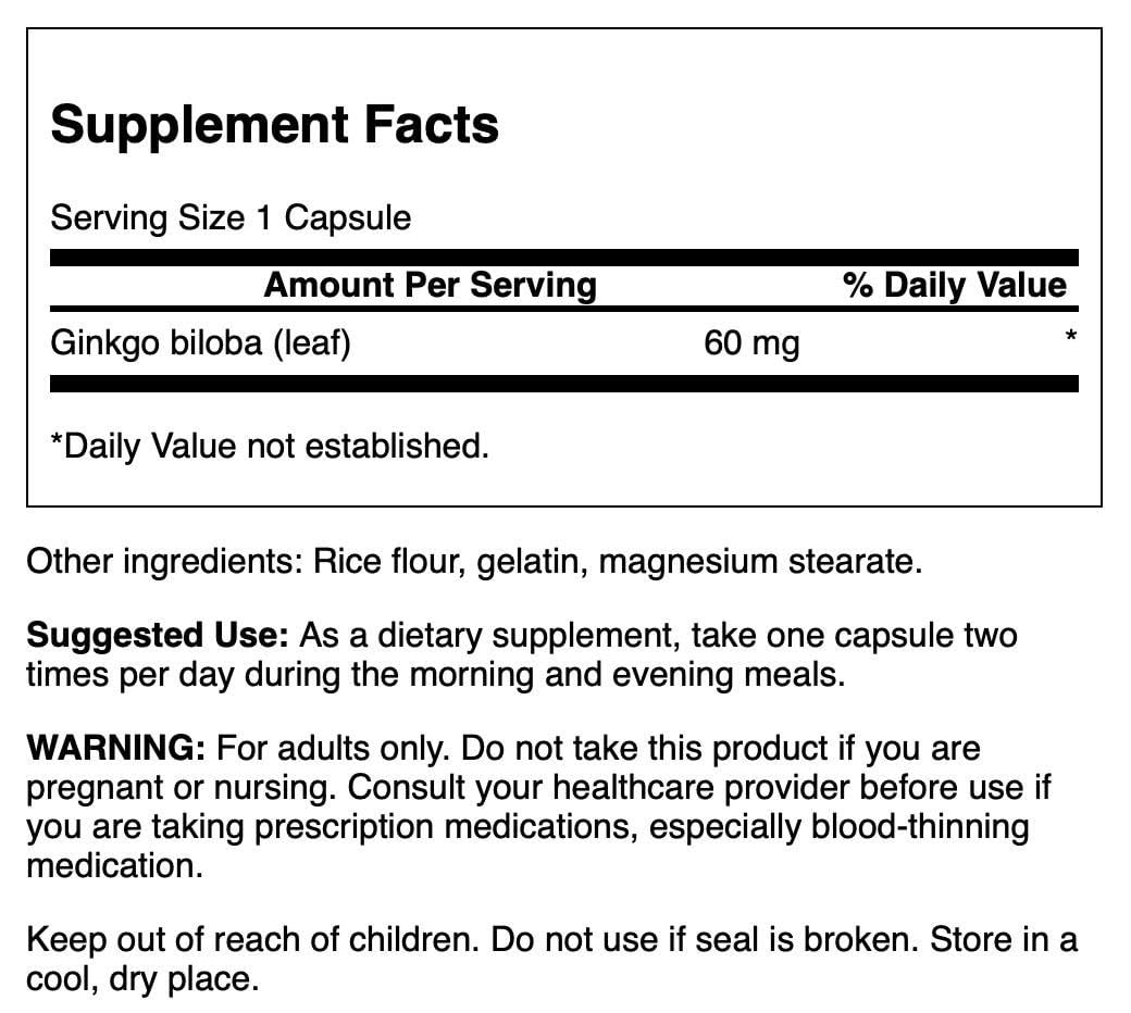 Swanson Full-Spectrum Ginkgo Leaf Brain Memory Support Nervous System Health 60 Milligrams 120 Capsules