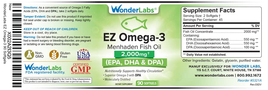 Wonder Laboratories Atlantic Menhaden Fish Oil Omega-3 2000 mg, Burpless, Made in The USA, Perfect Balance of EPA+ DHA + DPA 90 Softgels