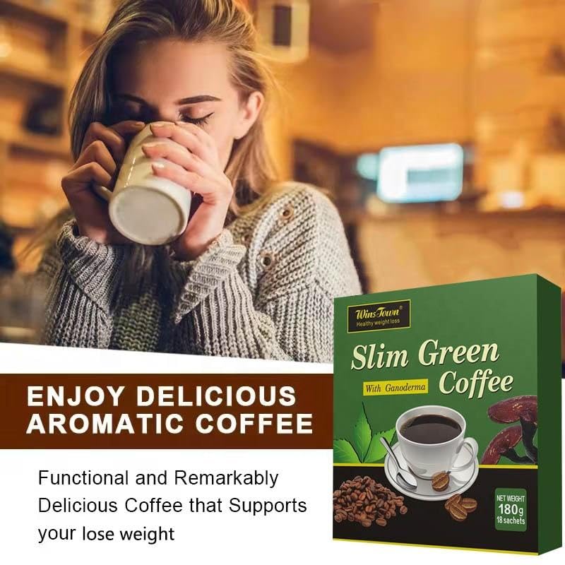 Wins Town 6-IN-1 Natural Diet Instant Coffee with Ginseng, Ganoderma & Matcha – Green Coffee Blend for Metabolism Support, Energy Boost, Gluten-Free, 6.35 Ounce Powder