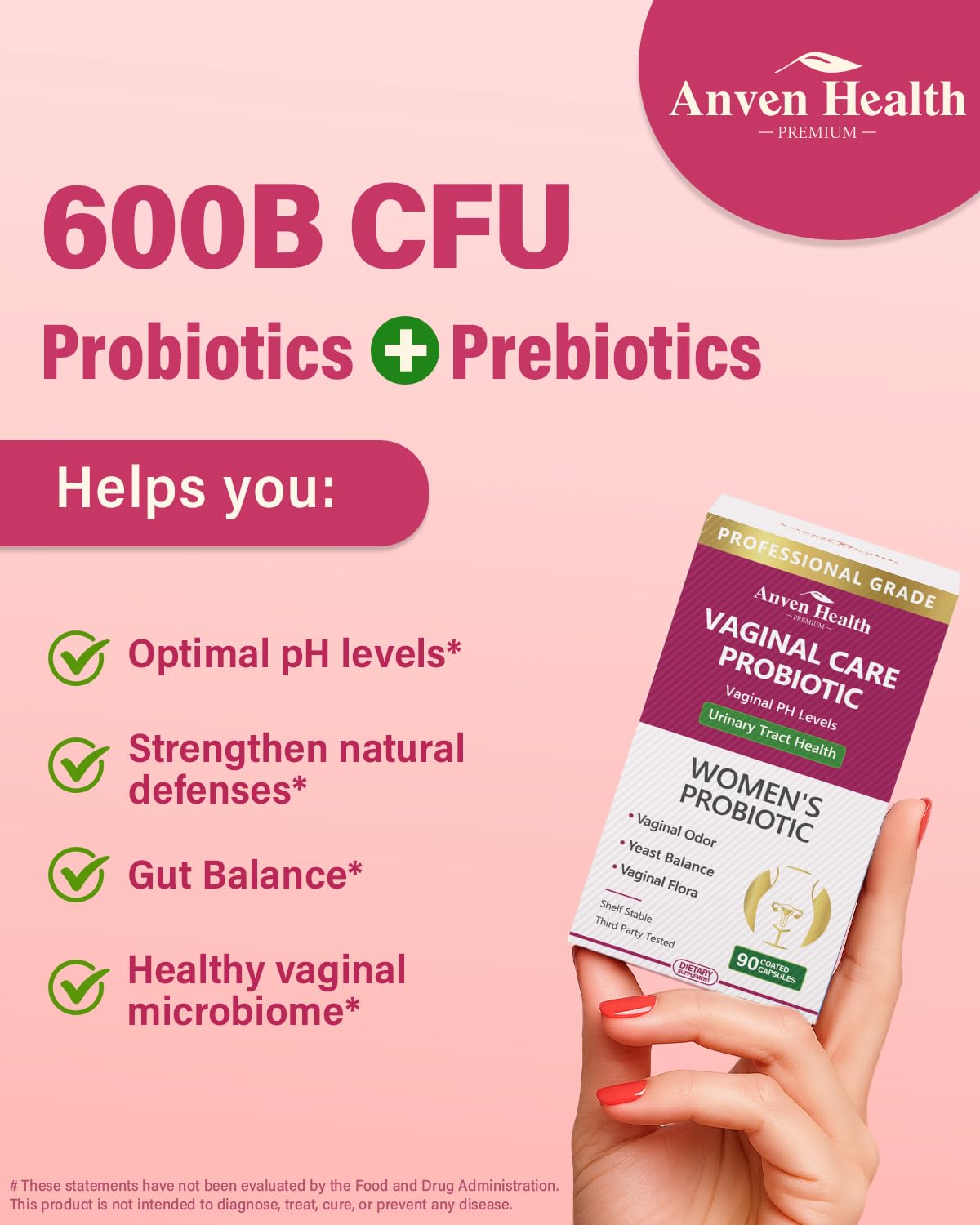 Anven Health Vaginal Probiotics for Women pH Balance with Prebiotics - 60 Billion CFU for Odor, Yeast & Digestion - Cranberry for Urinary Tract & Hormonal Balance - Vegan & Non-GMO Capsules, 90 Count