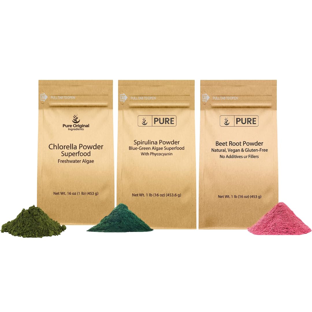 PURE ORIGINAL INGREDIENTS Beet Root, Spirulina, & Chlorella Bundle Powder 3 Pack
